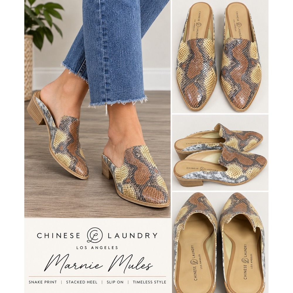 Chinese Laundry Marnie Python Snake Print‎ Mules Womens 7.5 Stacked Heel Loafers
